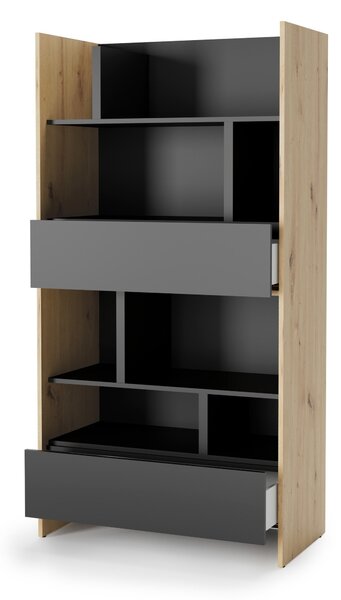 Könyvespolc Concept Lenart XI, Fiókokkal, Nyitott, Laminált forgácslap, 178x92x46cm, Fekete, Artisan tölgy
