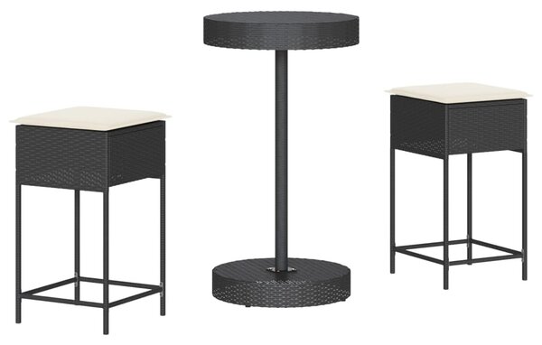 3 részes fekete polyrattan kerti bárszett párnával