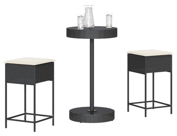 3 részes fekete polyrattan kerti bárszett párnával