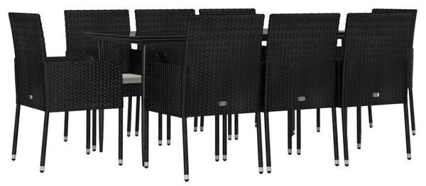 9 részes fekete polyrattan kerti étkezőgarnitúra párnákkal