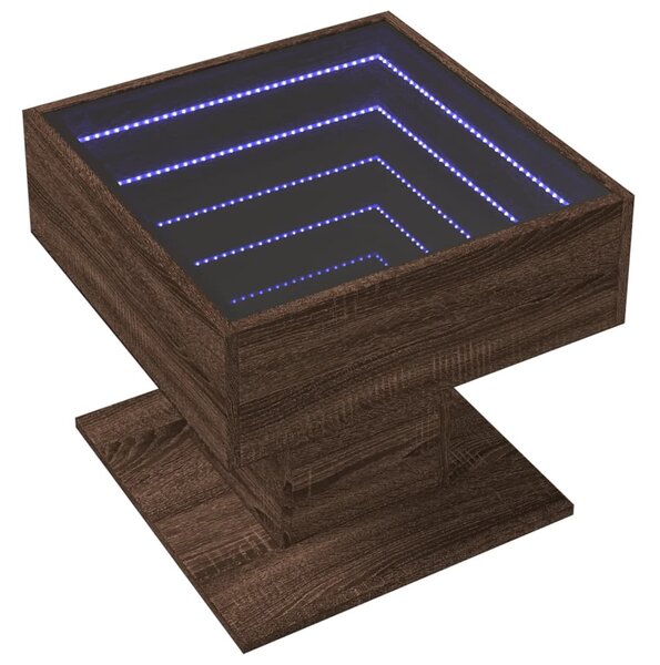Barna tölgy szerelt fa dohányzóasztal LED-del 50 x 50 x 45 cm