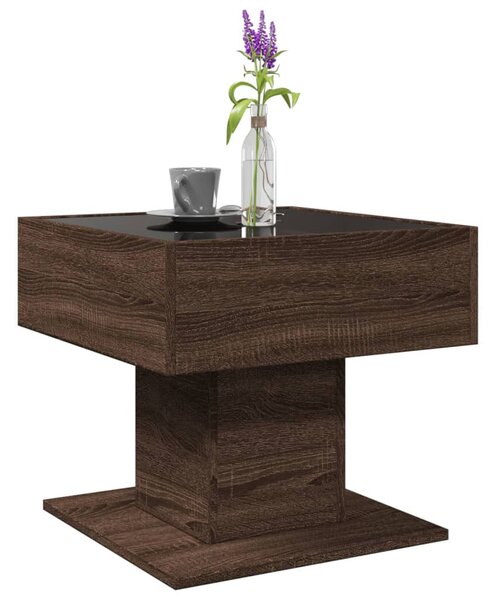 Barna tölgy szerelt fa dohányzóasztal LED-del 50 x 50 x 45 cm