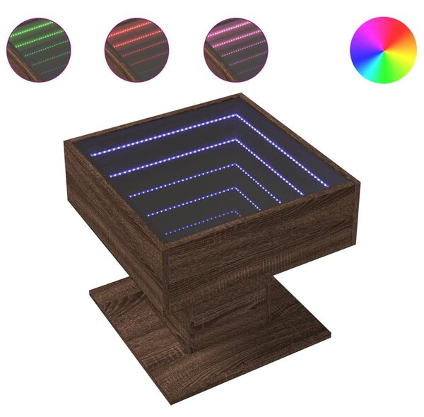 Barna tölgy szerelt fa dohányzóasztal LED-del 50 x 50 x 45 cm
