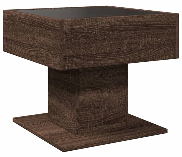 Barna tölgy szerelt fa dohányzóasztal LED-del 50 x 50 x 45 cm