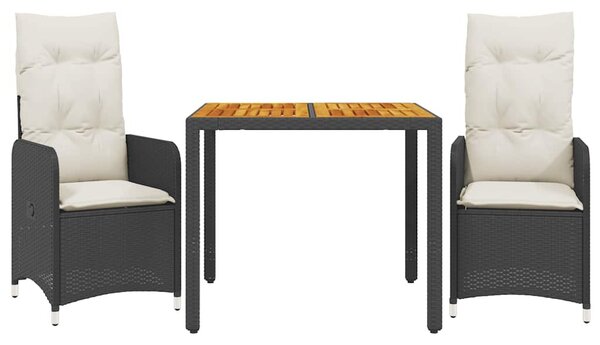 3 részes fekete polyrattan kerti bisztrógarnitúra párnákkal