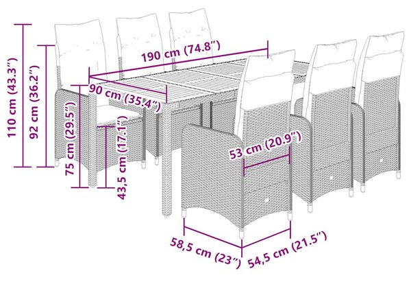 9 részes fekete polyrattan kerti bisztrógarnitúra párnákkal