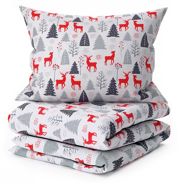 Flanel ágynemű RED DEERS AND TREES fehér Ágyneműhuzat mérete: 2 db 70 x 90 cm | 200 x 220 cm
