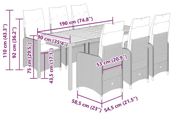 9 részes fekete polyrattan kerti bisztrógarnitúra párnákkal
