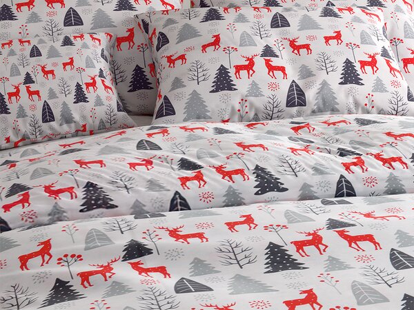 Flanel ágynemű RED DEERS AND TREES fehér Ágyneműhuzat mérete: 2 db 70 x 90 cm | 200 x 220 cm