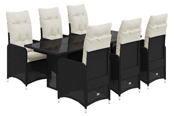 7 részes fekete polyrattan kerti bisztrógarnitúra párnákkal
