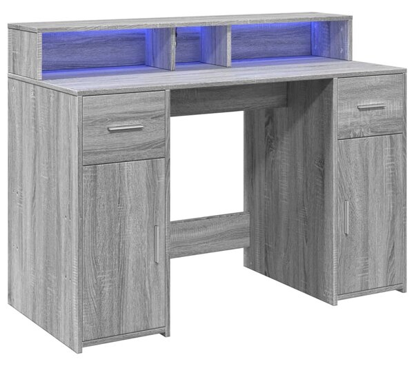 Szürke sonoma színű szerelt fa íróasztal LED-ekkel 120x55x91 cm