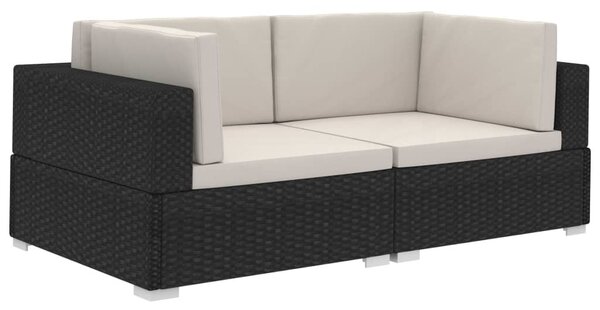 2 db fekete moduláris polyrattan sarokfotel párnákkal