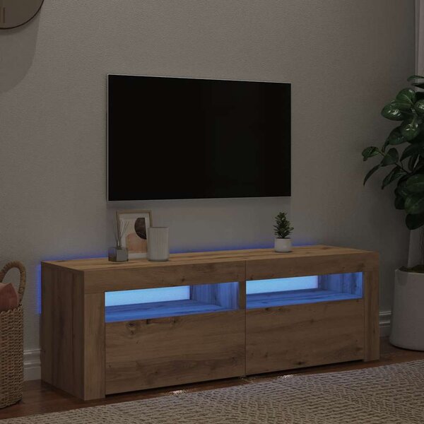 Kézműves tölgy szerelt fa TV-szekrény LED-ekkel 120x35x40 cm