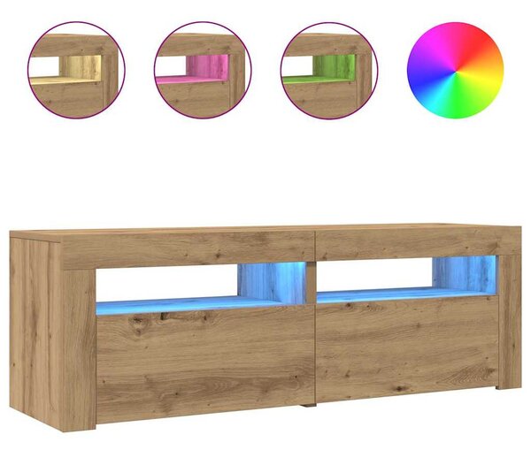 Kézműves tölgy szerelt fa TV-szekrény LED-ekkel 120x35x40 cm