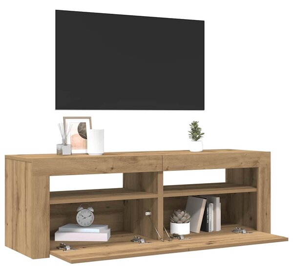 Kézműves tölgy szerelt fa TV-szekrény LED-ekkel 120x35x40 cm