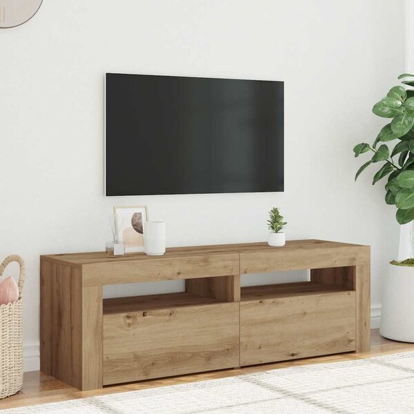Kézműves tölgy szerelt fa TV-szekrény LED-ekkel 120x35x40 cm