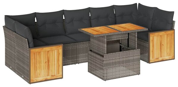 8 részes szürke polyrattan akácfa kerti ülőgarnitúra párnákkal