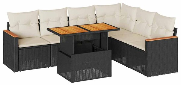 7 részes fekete polyrattan akácfa kerti ülőgarnitúra párnával
