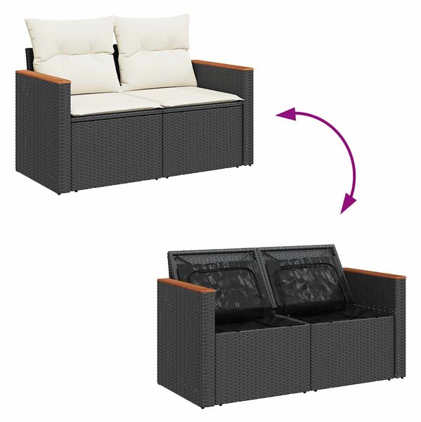 11 részes fekete polyrattan akácfa kerti ülőgarnitúra párnákkal