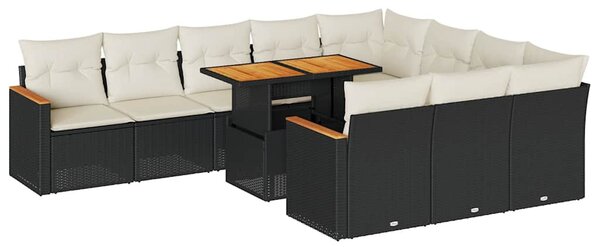 11 részes fekete polyrattan akácfa kerti ülőgarnitúra párnákkal