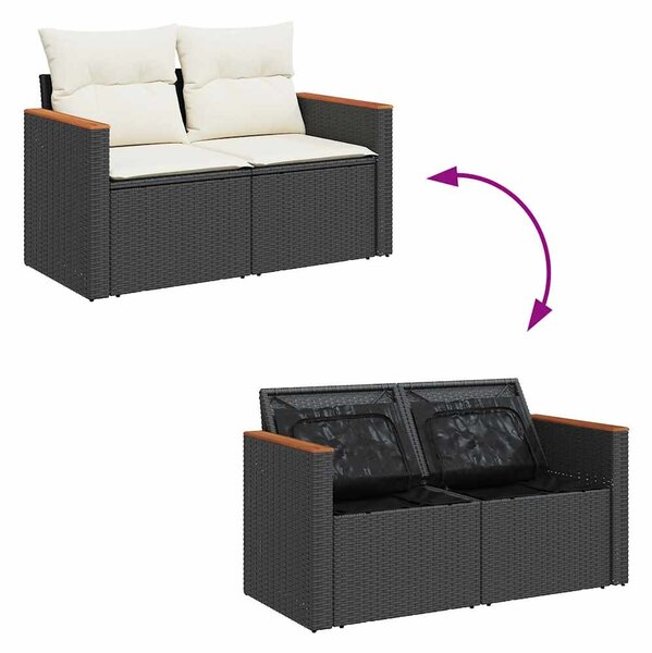 5 részes fekete polyrattan akácfa kerti kanapészett párnákkal