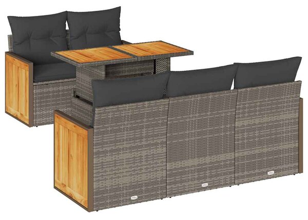 6 részes szürke polyrattan akácfa kerti ülőgarnitúra párnákkal