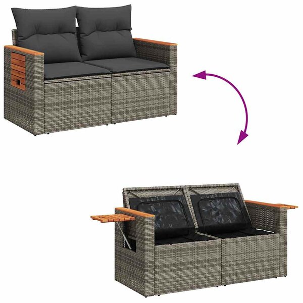 10 részes szürke polyrattan akácfa kerti ülőgarnitúra párnákkal