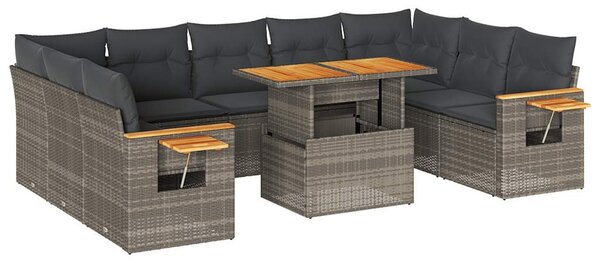 10 részes szürke polyrattan akácfa kerti ülőgarnitúra párnákkal