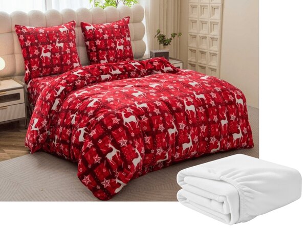 Velvet Christmas piros mikroplüss ágyneműhuzat szett + SOFT mikroplüss lepedő 90x200 cm fehér, egyszemélyes