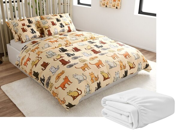 Mikroplüss ágyneműhuzat készlet COLORED CATS krém színű + mikroplüss lepedő SOFT 90x200 cm fehér, egyszemélyes
