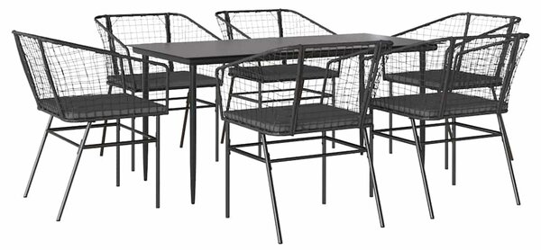 7 részes fekete polyrattan üveg kerti étkezőgarnitúra párnákkal