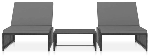 VidaXL 2 db fekete polyrattan napozóágy asztallal