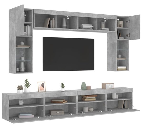 8 darabos betonszürke fali TV-szekrény szett LED-del