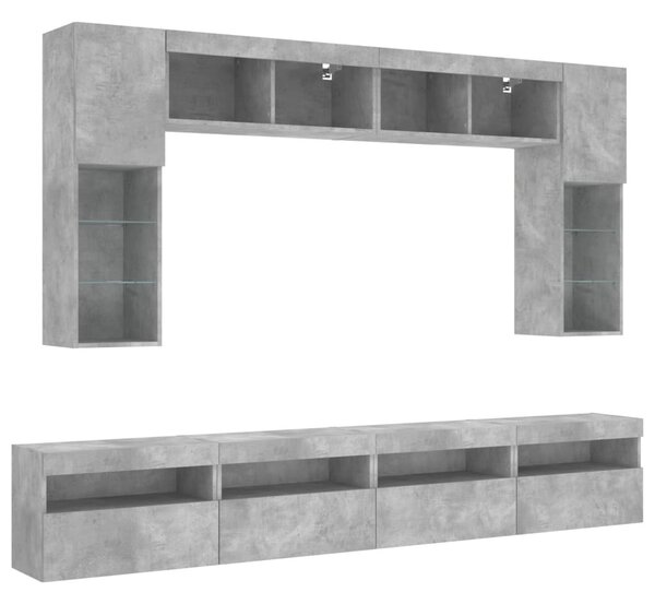 8 darabos betonszürke fali TV-szekrény szett LED-del