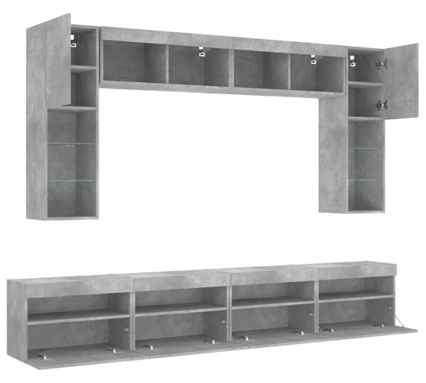 8 darabos betonszürke fali TV-szekrény szett LED-del