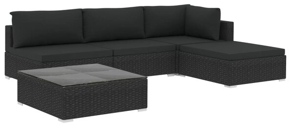 5-részes fekete polyrattan kerti bútorszett párnákkal