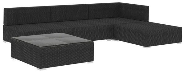 5-részes fekete polyrattan kerti bútorszett párnákkal