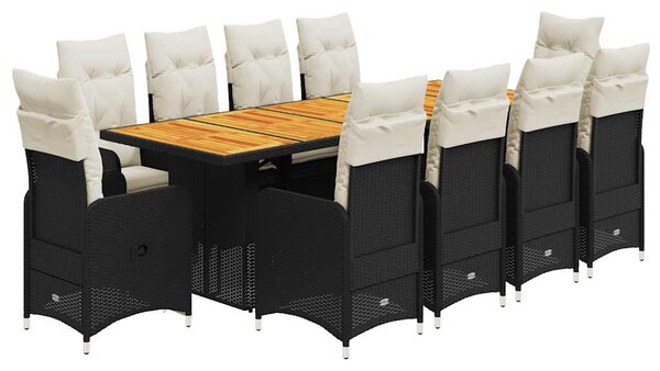 11 részes fekete polyrattan kerti bisztrógarnitúra párnákkal