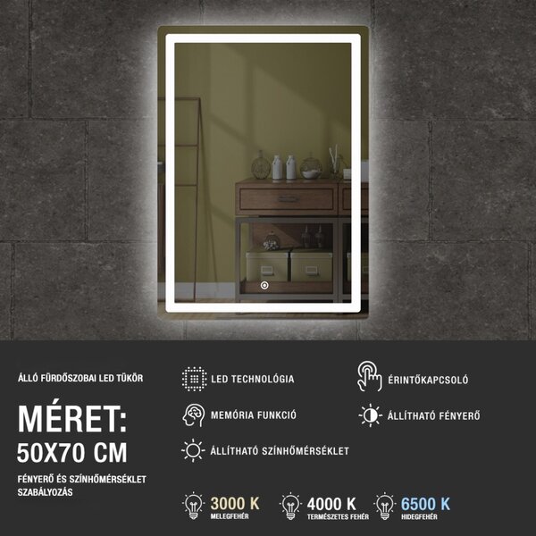 50x70cm álló fürdőszobai LED tükör | Fényerő és színhőmérséklet szabályozás