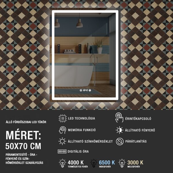 50x70cm álló fürdőszobai LED tükör | Páramentesítő - Óra - Fényerő és színhőmérséklet szabályozás