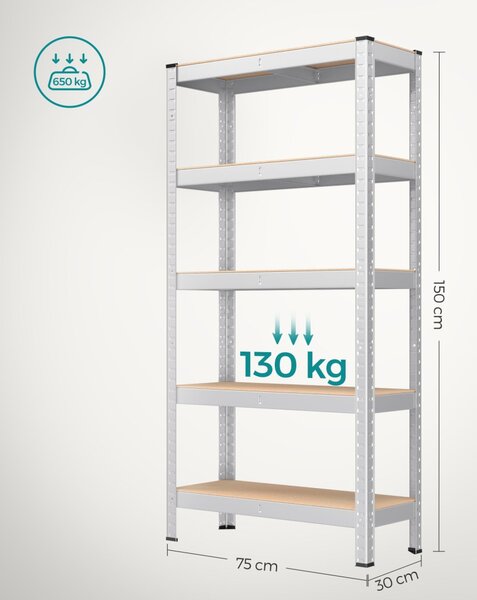 Polcos állvány, salgópolc, 130kg polconkénti teherbírással, ezüst 150x75x30cm