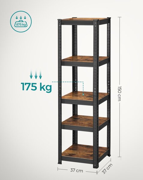 Polcos állvány, keskeny salgópolc, 80kg polconkénti teherbírással, fekete 37x37x150cm