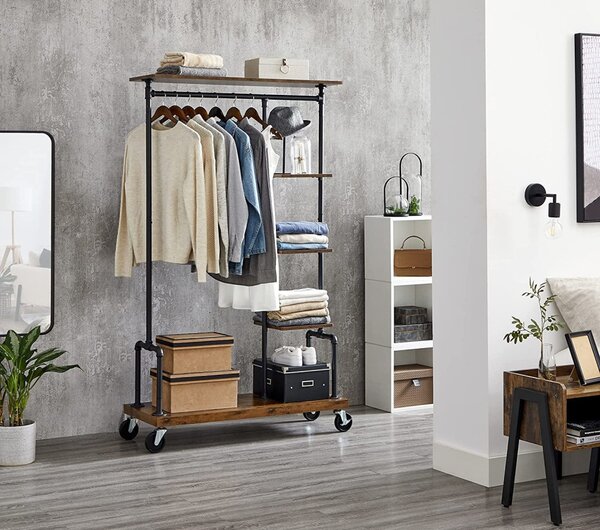 Gurulós ruhaállvány polcokkal, fekete 103x40x174cm