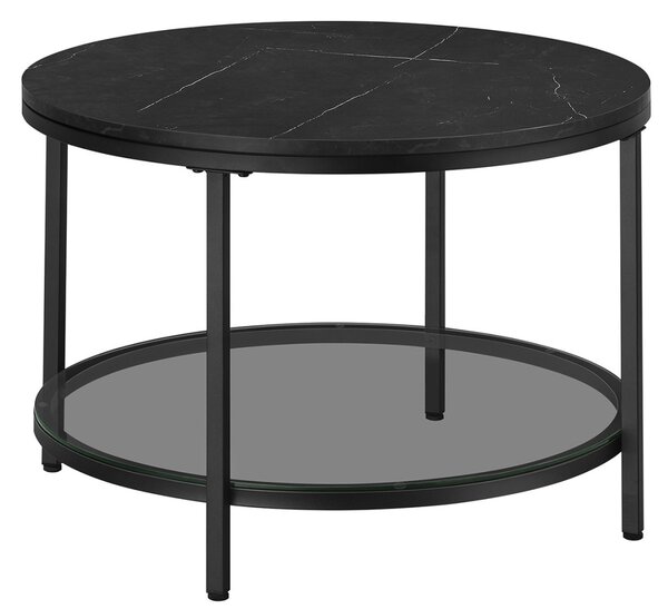 Dohányzóasztal, műmárvány asztallap, edzett üveg polc, márvány fekete, fekete, 65cm átmérő