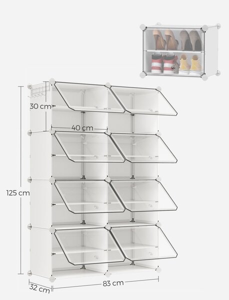 Cipőtartó, 8 rekeszes, ajtókkal, 32 pár cipőhöz, acélkeret, műanyag panel, fehér