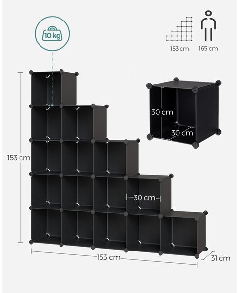 Tároló dobozok moduláris műanyag rendszerező kockák 15 db, fekete 123x31x123cm