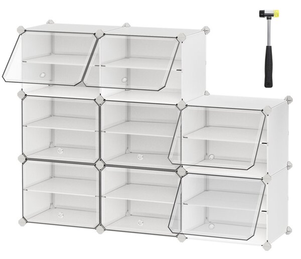 Cipőtartó, 8 rekeszes, ajtókkal, 32 pár cipőhöz, acélkeret, műanyag panel, fehér