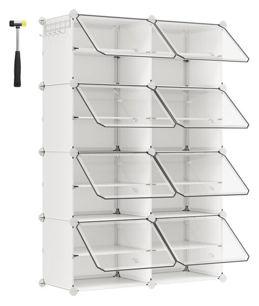 Cipőtartó, 8 rekeszes, ajtókkal, 32 pár cipőhöz, acélkeret, műanyag panel, fehér