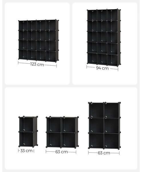 Tároló dobozok moduláris műanyag rendszerező kockák 15 db, fekete 123x31x123cm