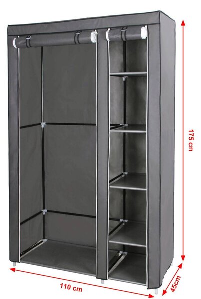 Szövet ruhatároló szekrény hordozható gardrób, szürke 110x45x175cm